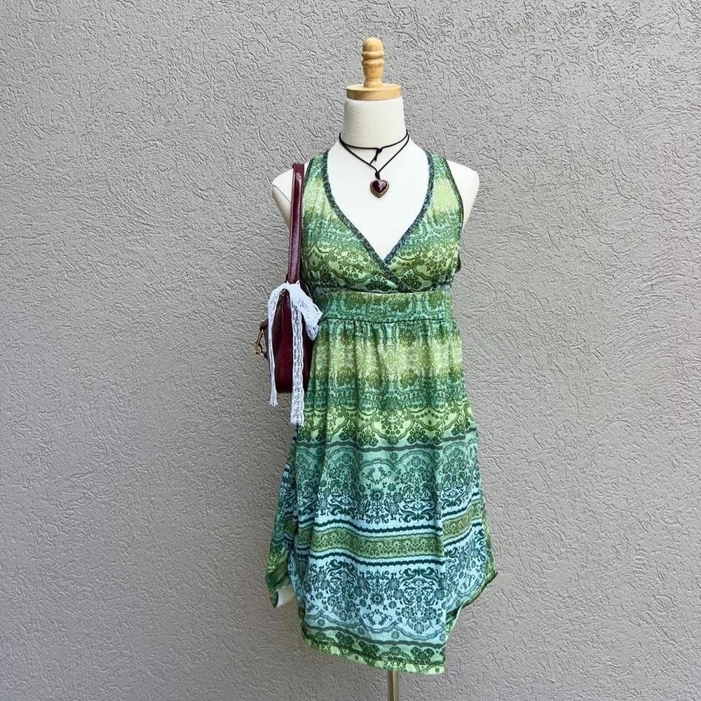 Vintage Y2K Mudd Green & Blue Printed Babydoll Mini Dress Size Large Hippie